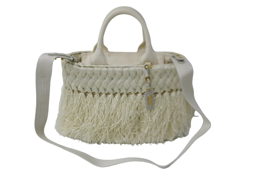Prada Handbag canvas raffia Straw Tan basket white